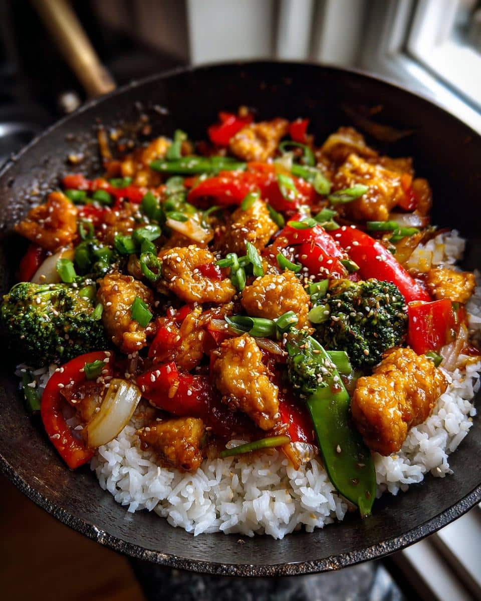 A wok filled with spicy chicken stir-fry, featuring chicken, rice, broccoli, peppers, and scallions.