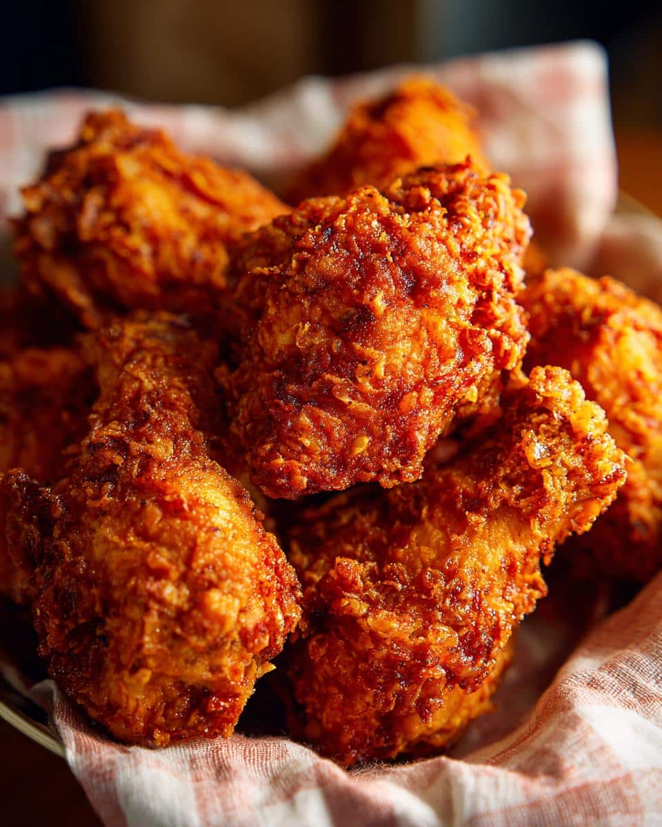 A basket filled with golden brown, crispy Spicy Fried Chicken pieces on a red and white checkered cloth.