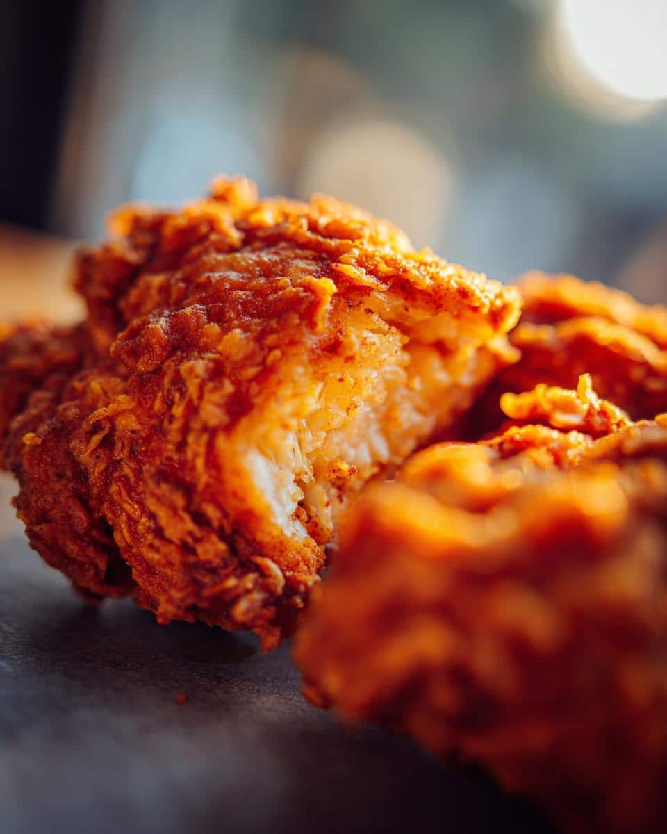 Close-up of a piece of spicy fried chicken, showing the crispy coating and moist chicken inside.