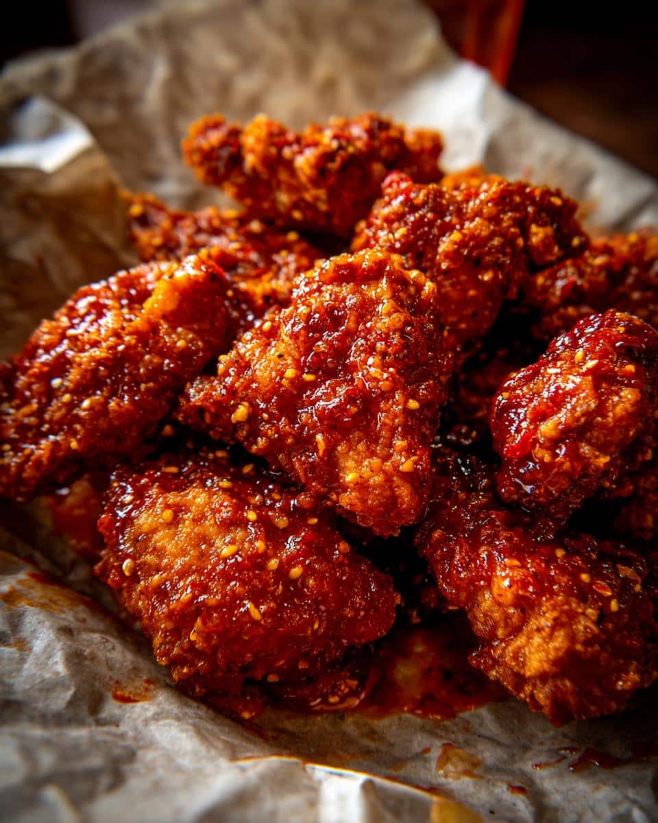 Close-up of a pile of glistening Spicy Fried Chicken pieces on parchment paper, coated in a red, spicy sauce and sesame seeds.