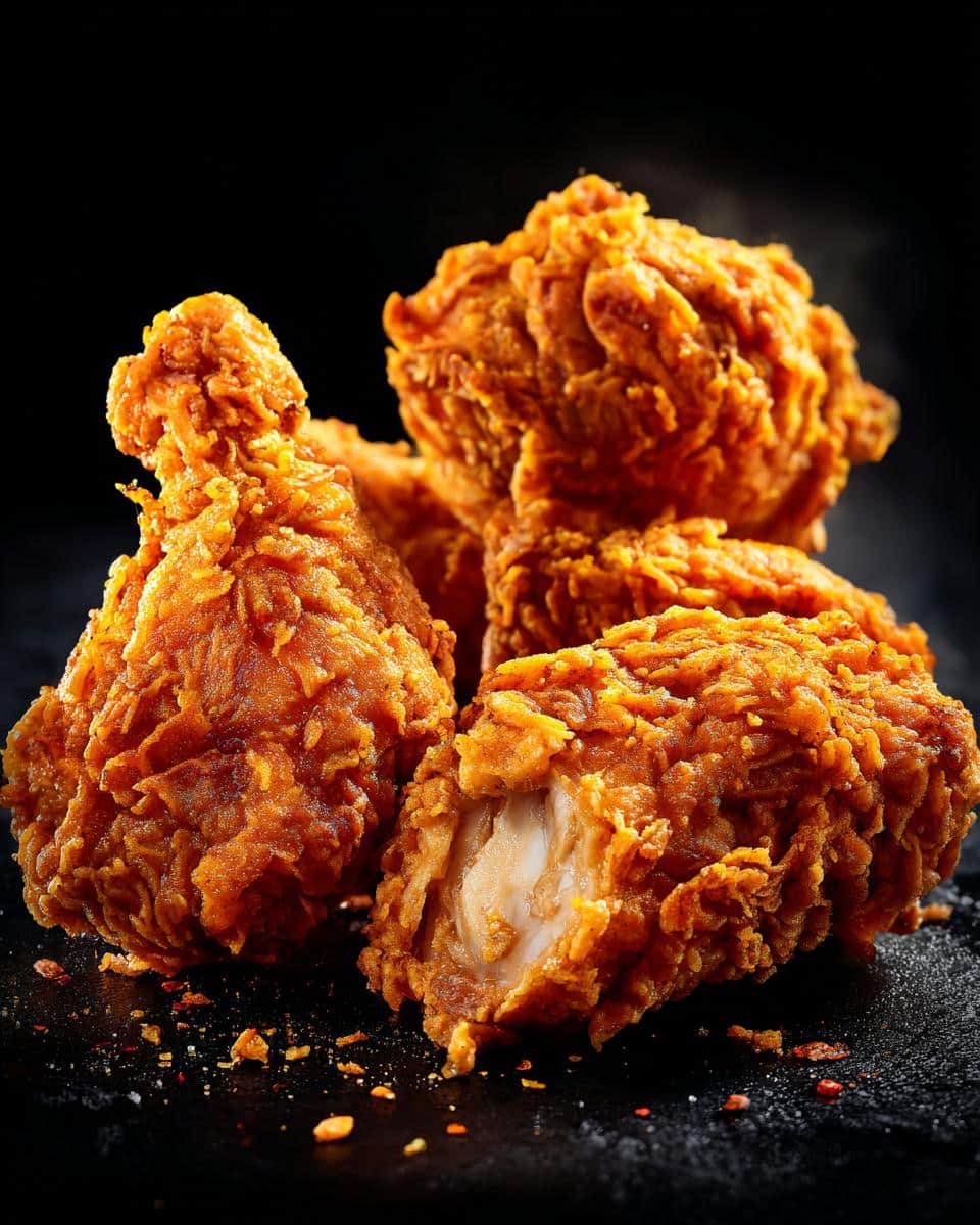 Close-up of golden brown spicy fried chicken pieces with visible crispy skin and seasonings.