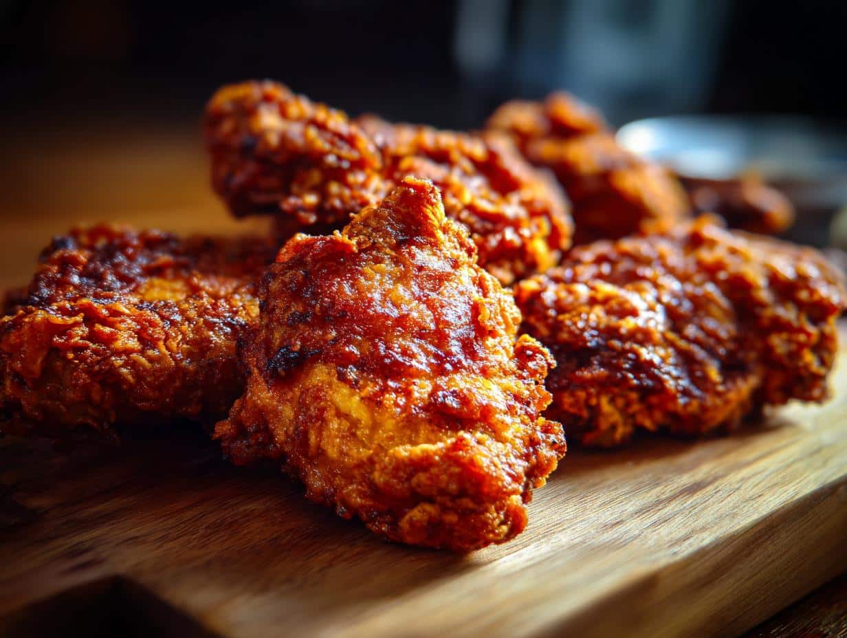 Close-up of several pieces of golden brown, crispy Spicy Fried Chicken on a wooden board.