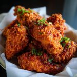 Pile of crispy Spicy Fried Chicken wings, glazed and garnished with herbs and chili flakes.
