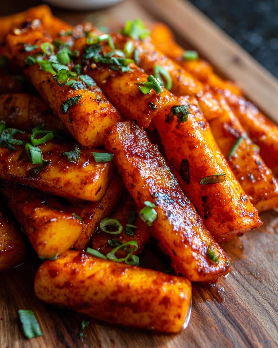 Close-up of a pile of spicy Korean Tteokbokki rice cakes, garnished with green onions.