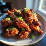A plate of delicious Spicy Sriracha Chicken Wings, garnished with sesame seeds and green onions.