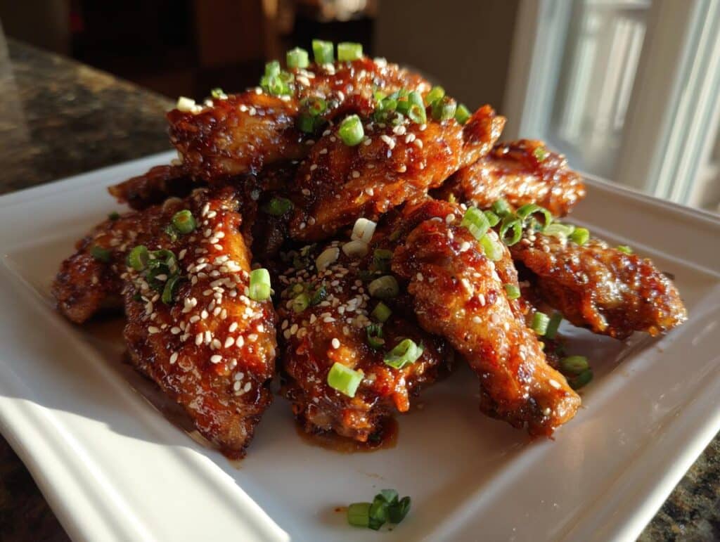 A plate of freshly made Spicy Sriracha Chicken Wings, garnished with sesame seeds and green onions.