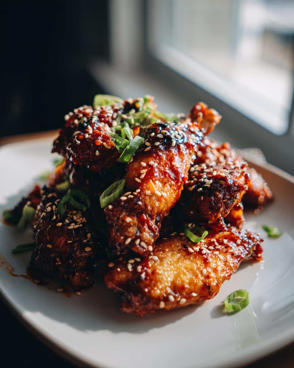 A plate of glazed Spicy Sriracha Chicken Wings, topped with sesame seeds and green onions.