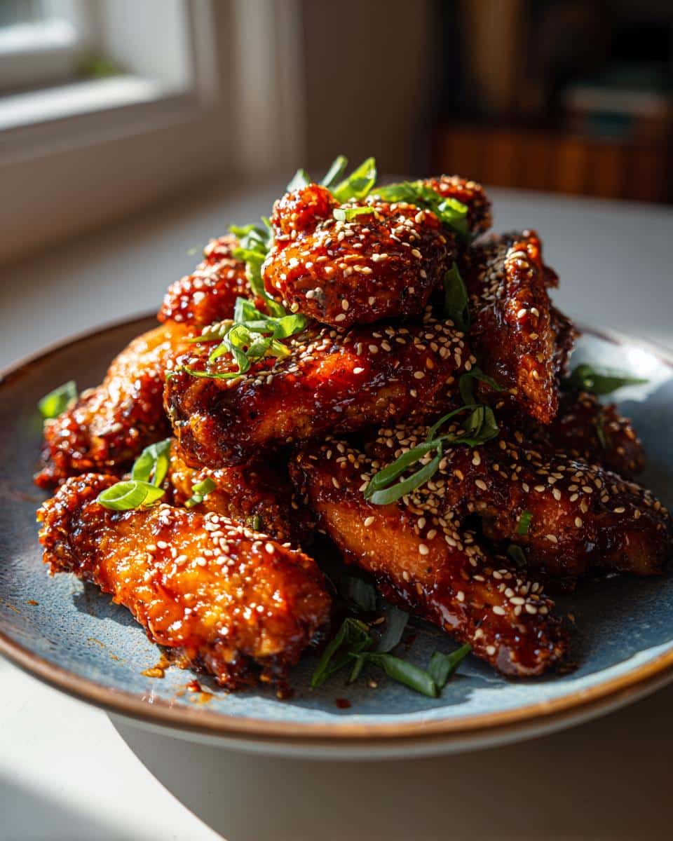 A plate of glistening Spicy Sriracha Chicken Wings, garnished with sesame seeds and green onions.