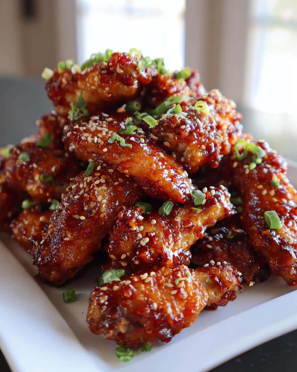 A platter of Spicy Sriracha Chicken Wings, glazed and garnished with sesame seeds and green onions.