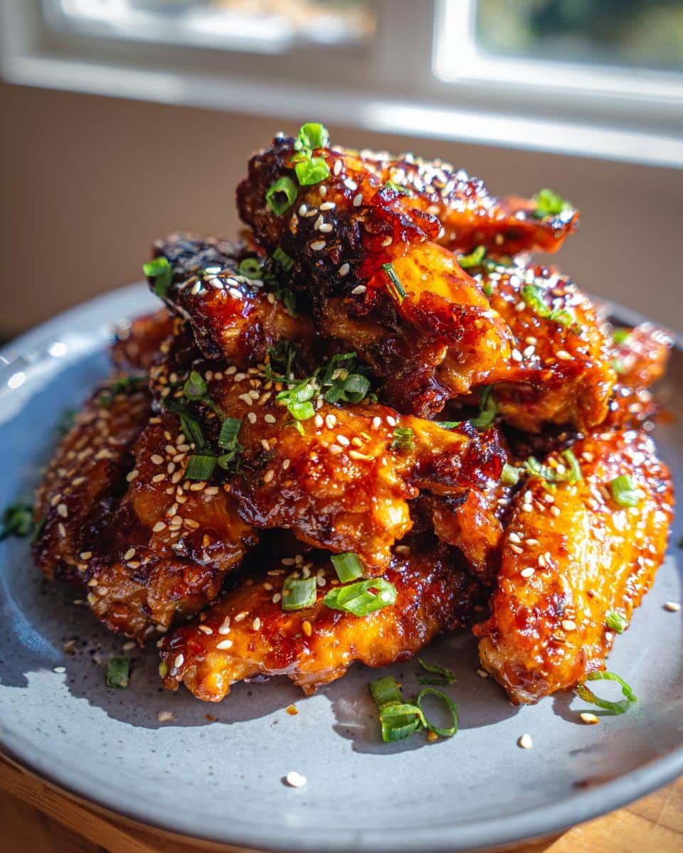 A stack of glazed Spicy Sriracha Chicken Wings on a plate, garnished with sesame seeds and green onions.