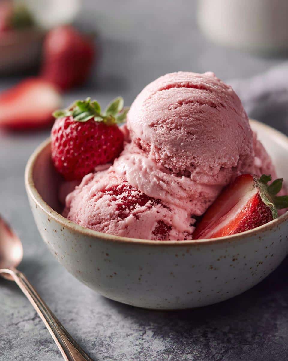 A bowl of homemade Strawberry Banana Ice Cream, garnished with fresh strawberries.