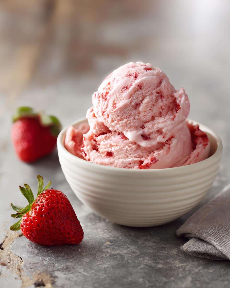 A bowl of creamy Strawberry Banana Ice Cream with fresh strawberries on a textured surface.