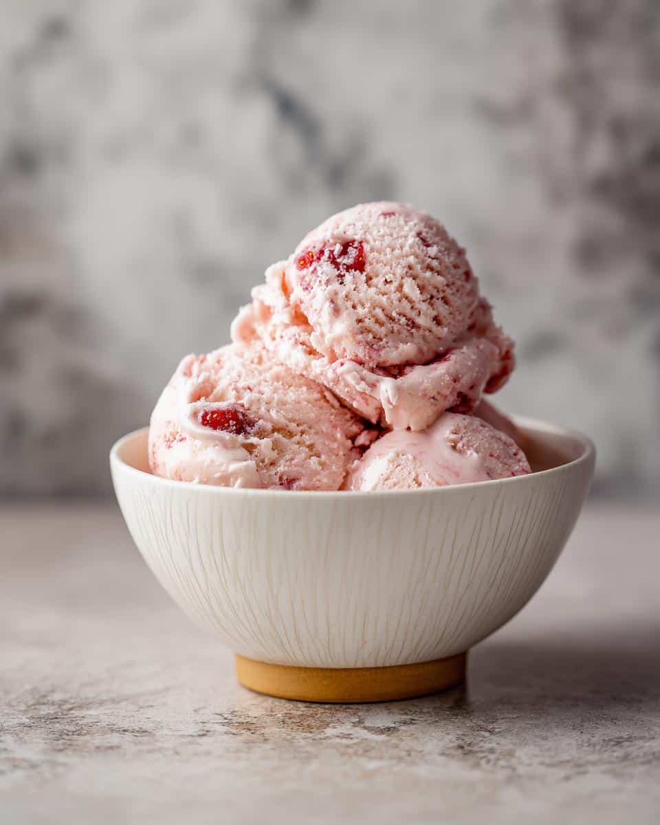 A bowl filled with scoops of homemade Strawberry Banana Ice Cream, showing chunks of fruit.