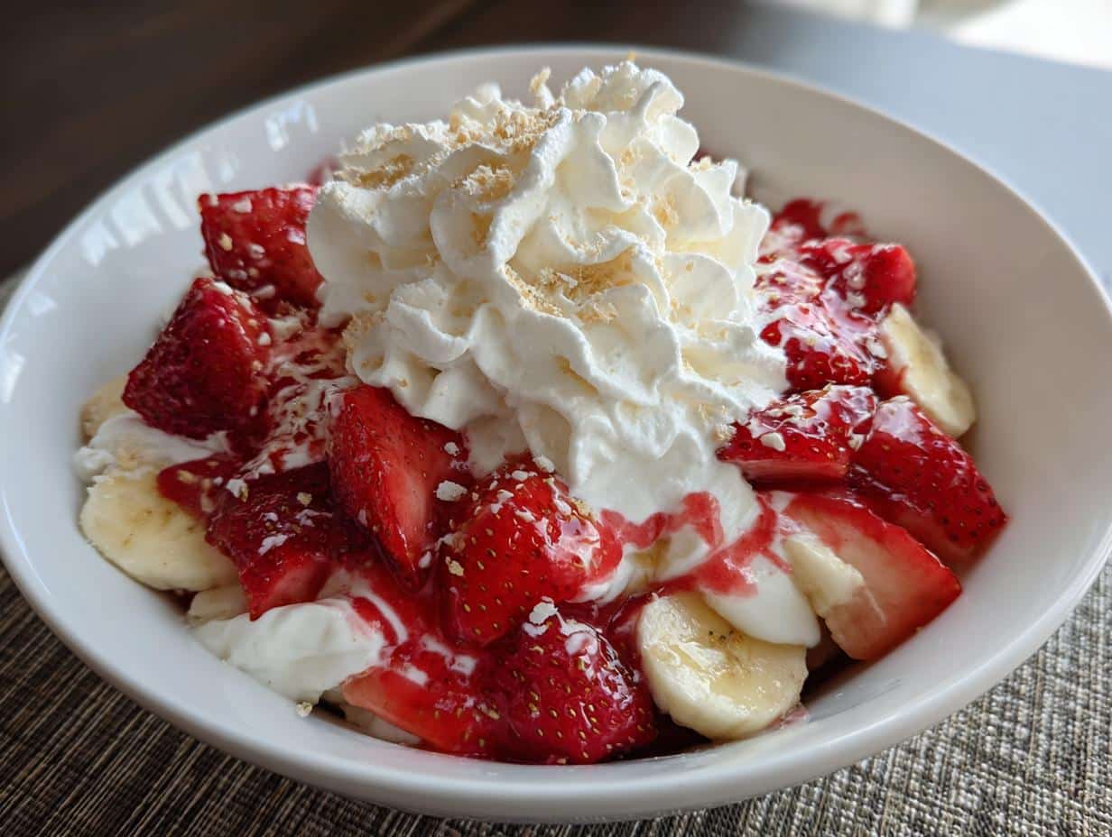 A delicious Strawberry Banana Split dessert in a bowl, topped with whipped cream, strawberries, and bananas.