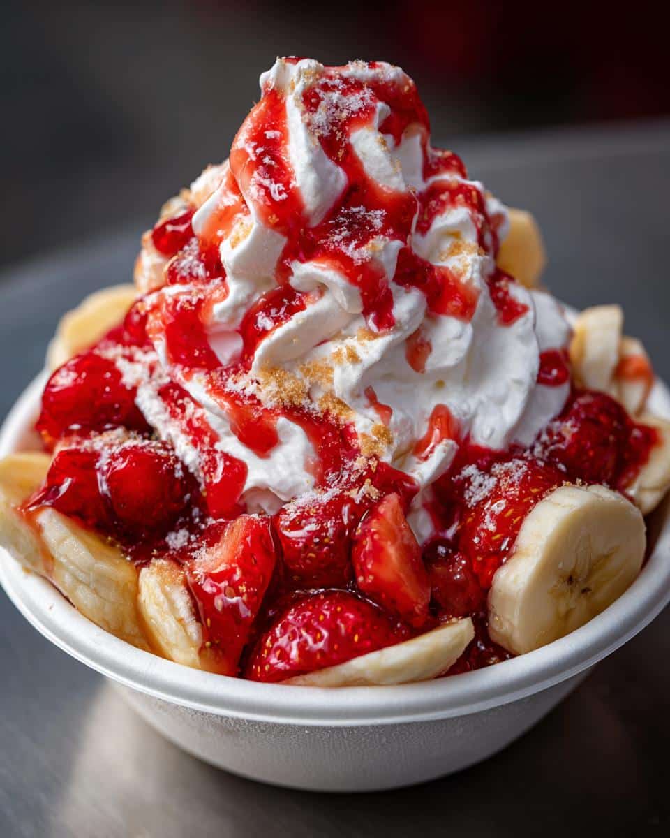 A delicious Strawberry Banana Split in a bowl, topped with whipped cream and strawberry sauce.