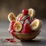 A tempting Strawberry Banana Split with fresh strawberries, bananas, whipped cream, nuts, syrup, and a cherry on top.