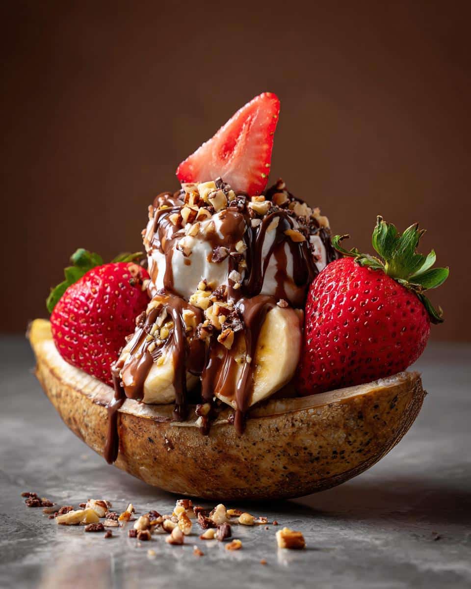 A decadent Strawberry Banana Split with ice cream, chocolate sauce, nuts, and fresh strawberries.