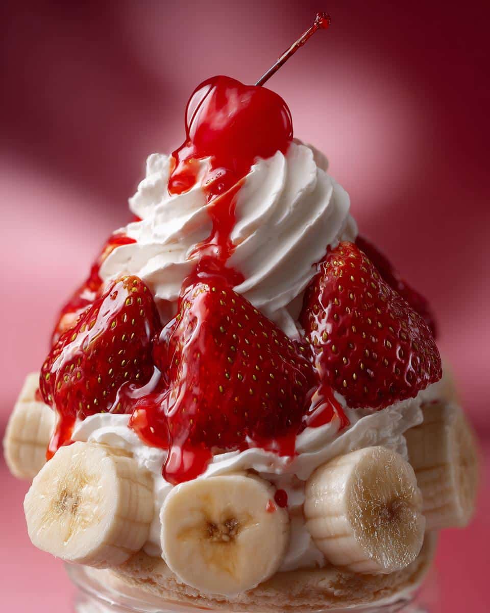 A delectable Strawberry Banana Split with fresh strawberries, bananas, whipped cream, and a cherry on top.