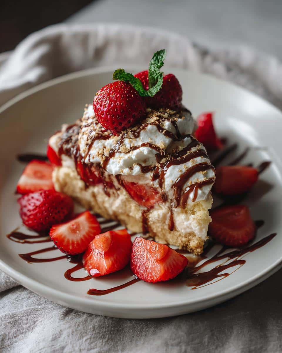 A slice of Strawberry Banana Split dessert with strawberries, whipped cream, chocolate drizzle, and a mint garnish.