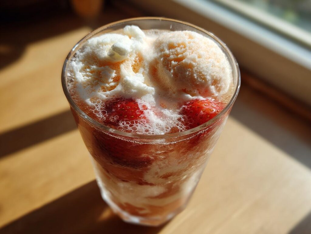 A refreshing creative soda float with strawberries and ice cream in a tall glass.