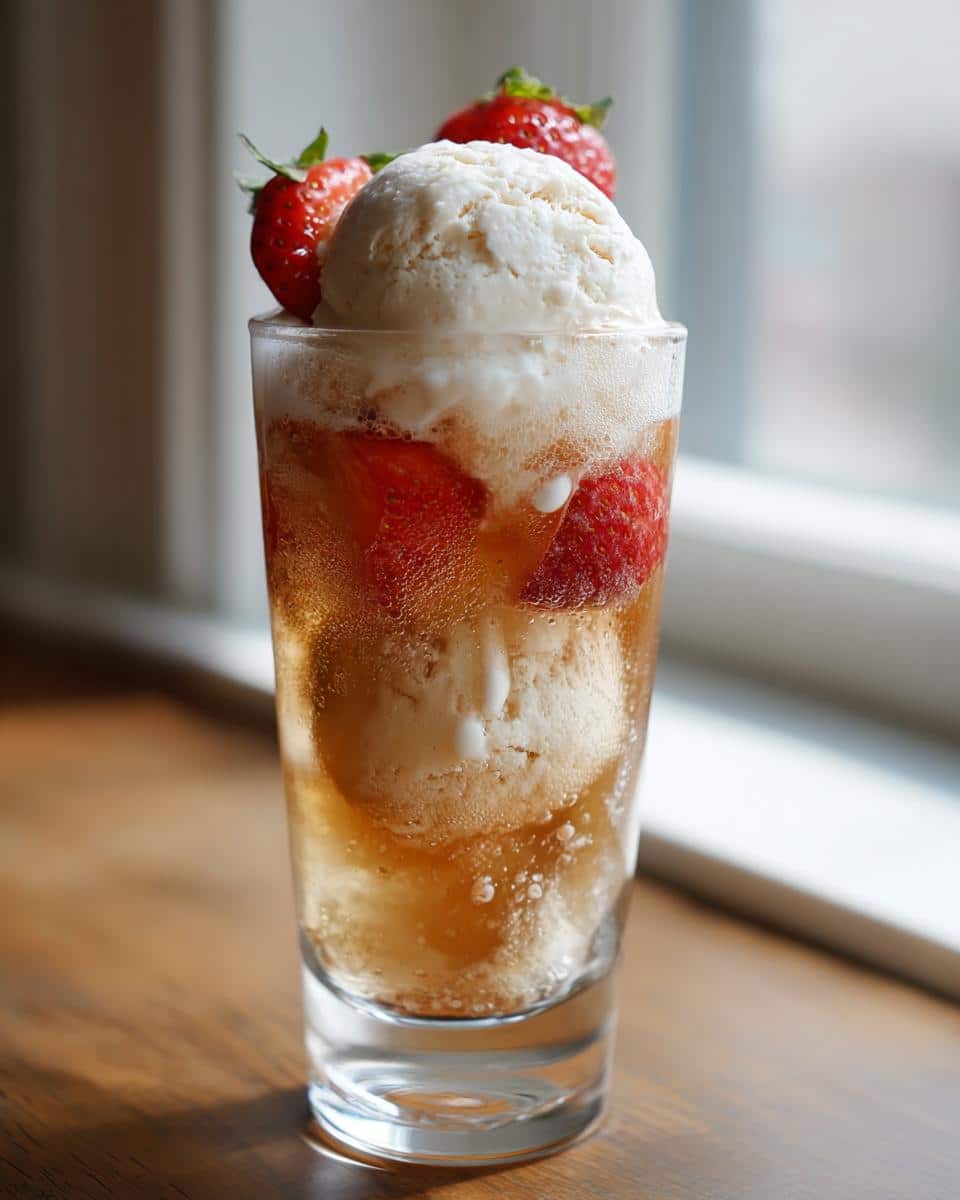 A creative soda float with vanilla ice cream, strawberries, and sparkling soda in a tall glass.