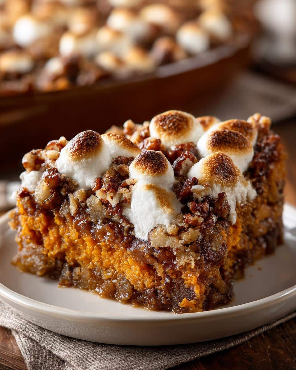 A slice of sweet potato casserole topped with toasted marshmallows and chopped nuts on a white plate.