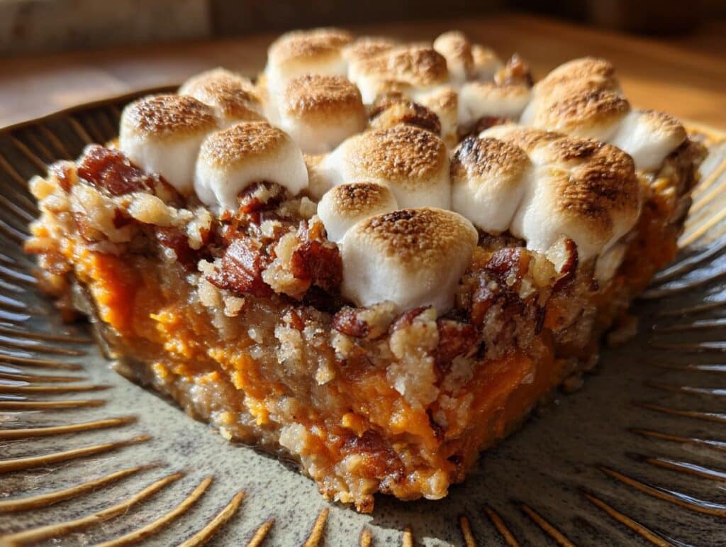 A delicious slice of sweet potato casserole topped with toasted marshmallows and pecan crumble.