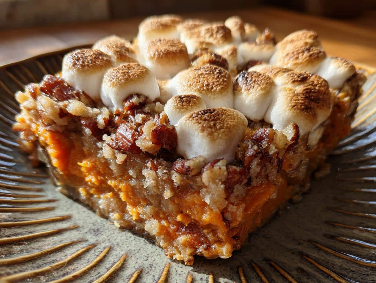 A delicious slice of sweet potato casserole topped with toasted marshmallows and pecan crumble.