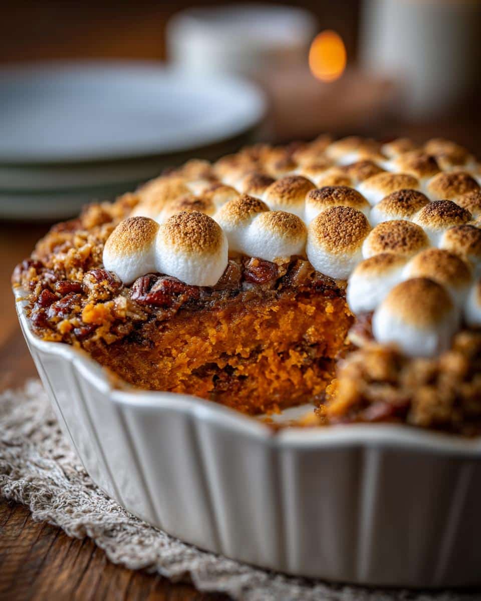Close-up of a sweet potato casserole with toasted marshmallows and a pecan crumble topping.