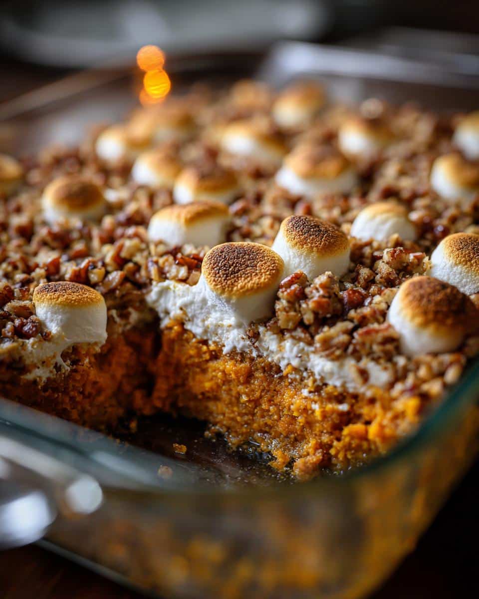 Close-up of a delicious sweet potato casserole topped with toasted marshmallows and pecans.
