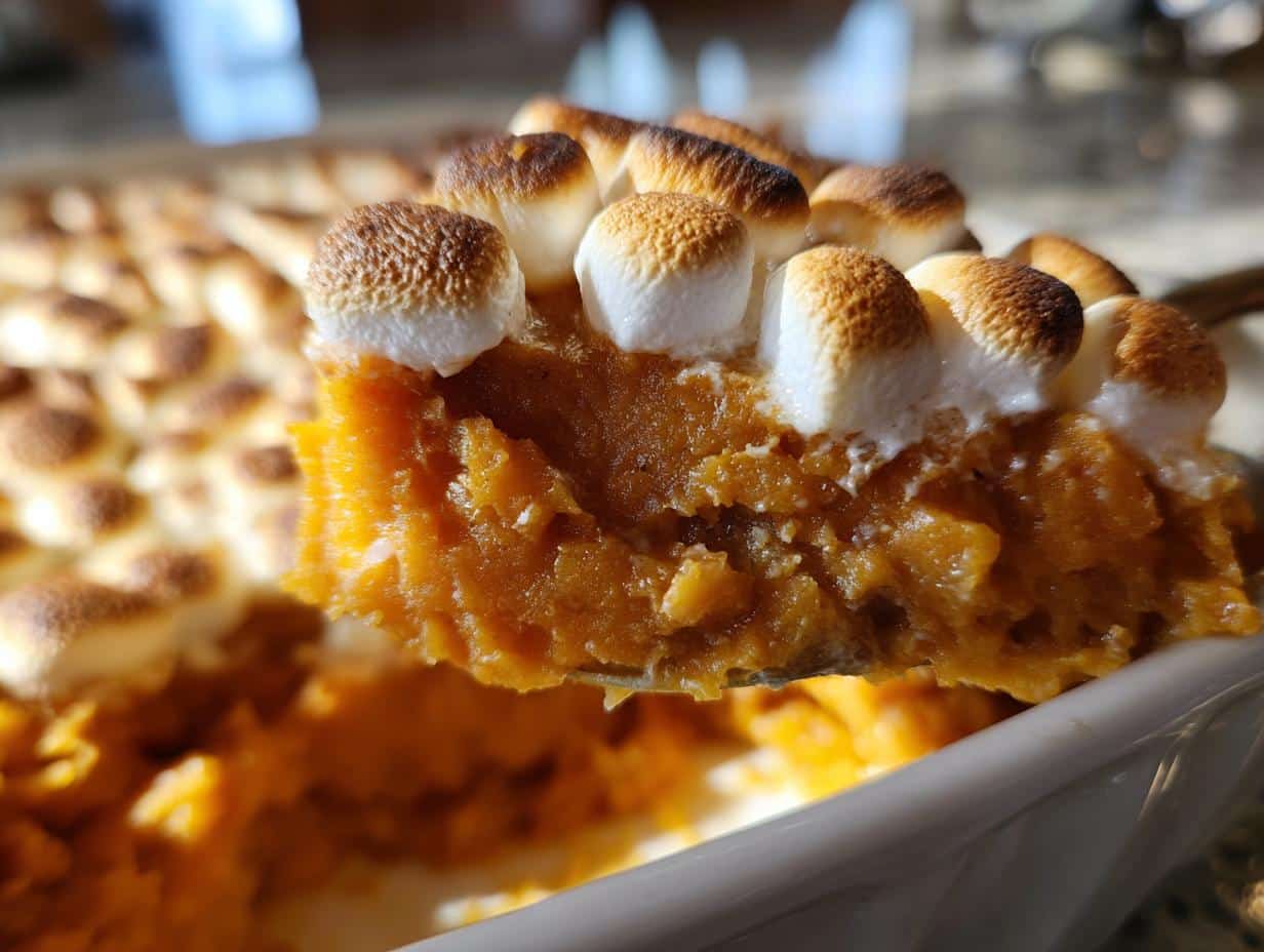 A scoop of Grandma's Sweet Potato Casserole with Marshmallows, showing the fluffy texture and toasted marshmallows.
