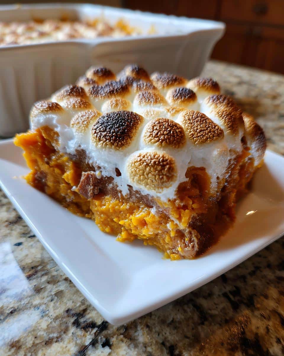 A delicious slice of Grandma's Sweet Potato Casserole with Marshmallows, featuring a golden-brown toasted marshmallow topping.