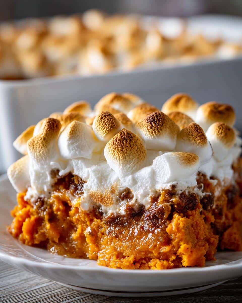 A slice of Grandma's Sweet Potato Casserole with Marshmallows, featuring a fluffy, toasted marshmallow topping.