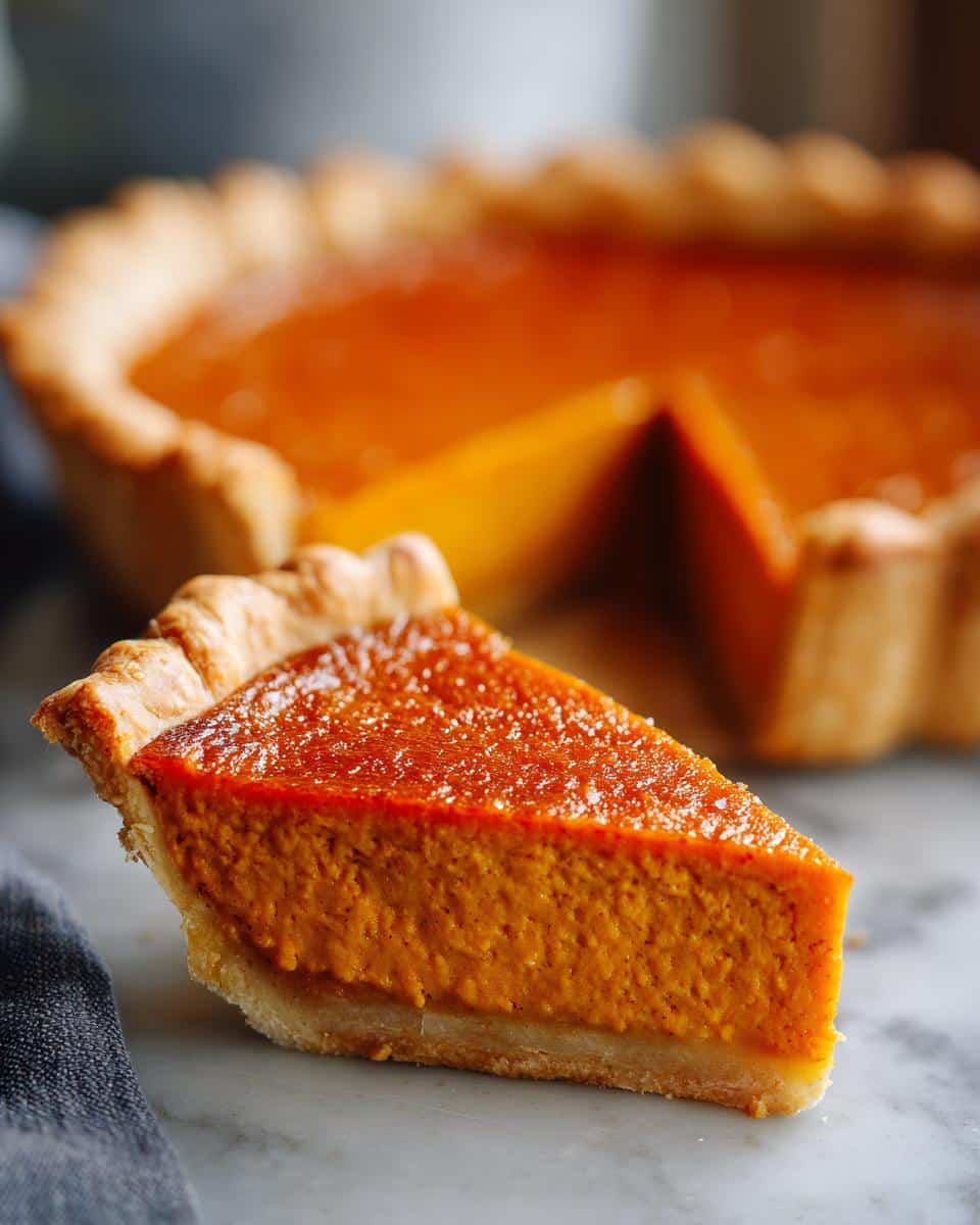 A close-up of a delicious slice of sweet potato pie, showcasing its vibrant orange filling and flaky crust.