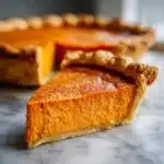 A close-up of a slice of sweet potato pie with a flaky crust and smooth filling, dusted with powdered sugar.
