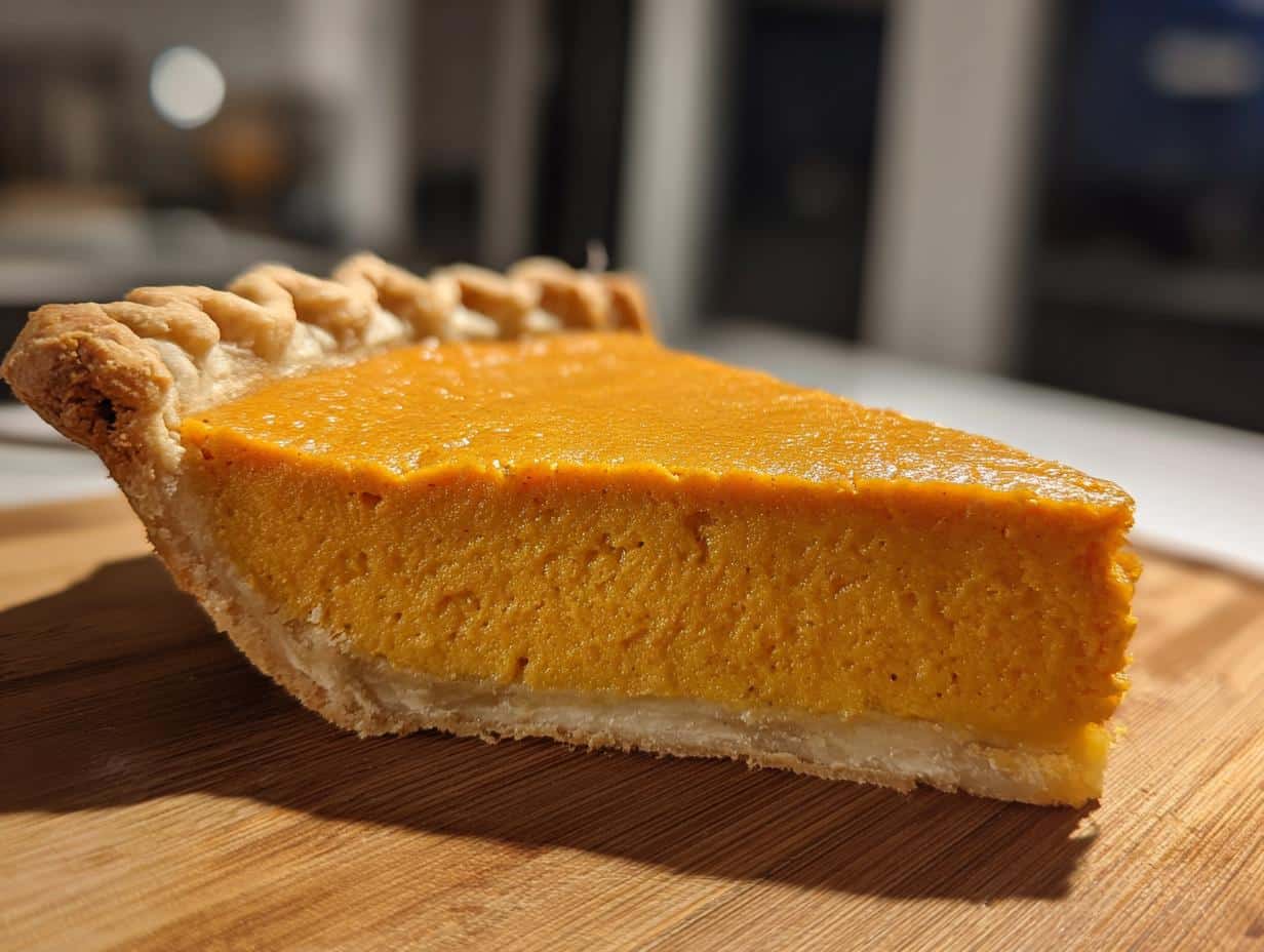 A perfect slice of Grandma's Glorious Sweet Potato Pie on a wooden cutting board, showcasing its rich orange filling and flaky crust.