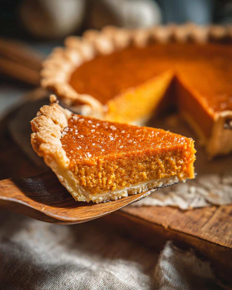 A close-up of a slice of sweet potato pie, showcasing its rich orange filling and flaky crust, sprinkled with sea salt.