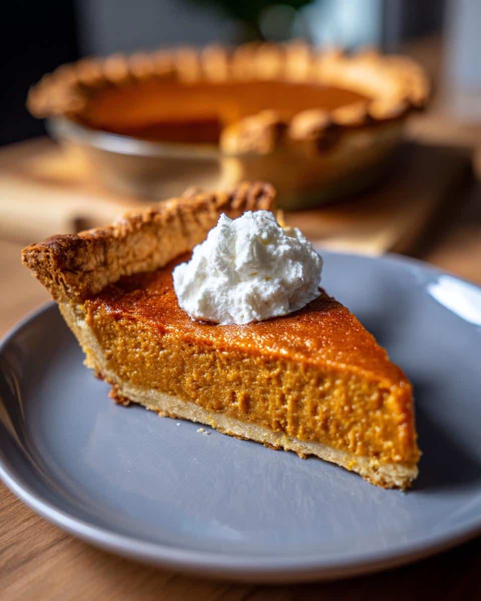 A slice of homemade sweet potato pie topped with whipped cream, ready to be enjoyed.
