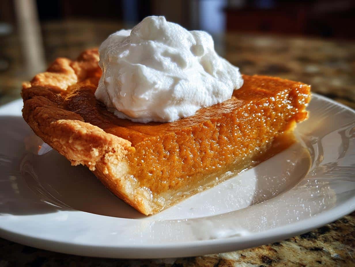 A close-up of a delicious slice of sweet potato pie topped with whipped cream on a white plate.