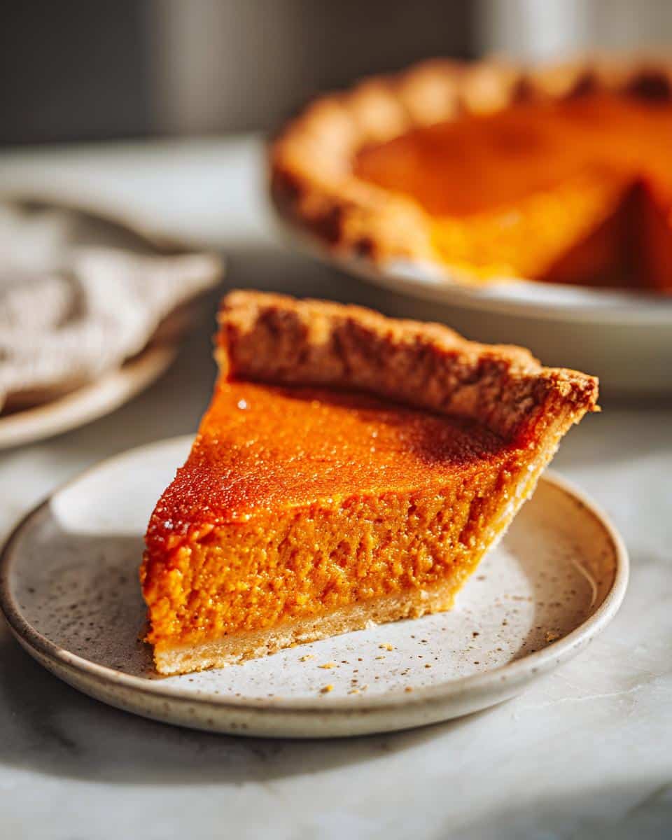 A perfect slice of sweet potato pie on a speckled plate, with the rest of the pie blurred in the background.