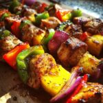 Close-up of grilled Teriyaki Chicken Kebabs with colorful bell peppers and red onion on a wooden board.