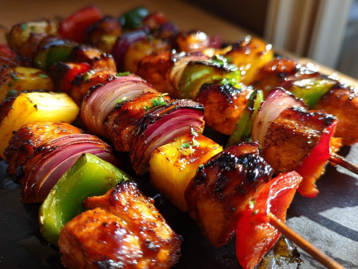 Close-up of grilled Teriyaki Chicken Kebabs with chicken, peppers, onions, and pineapple.