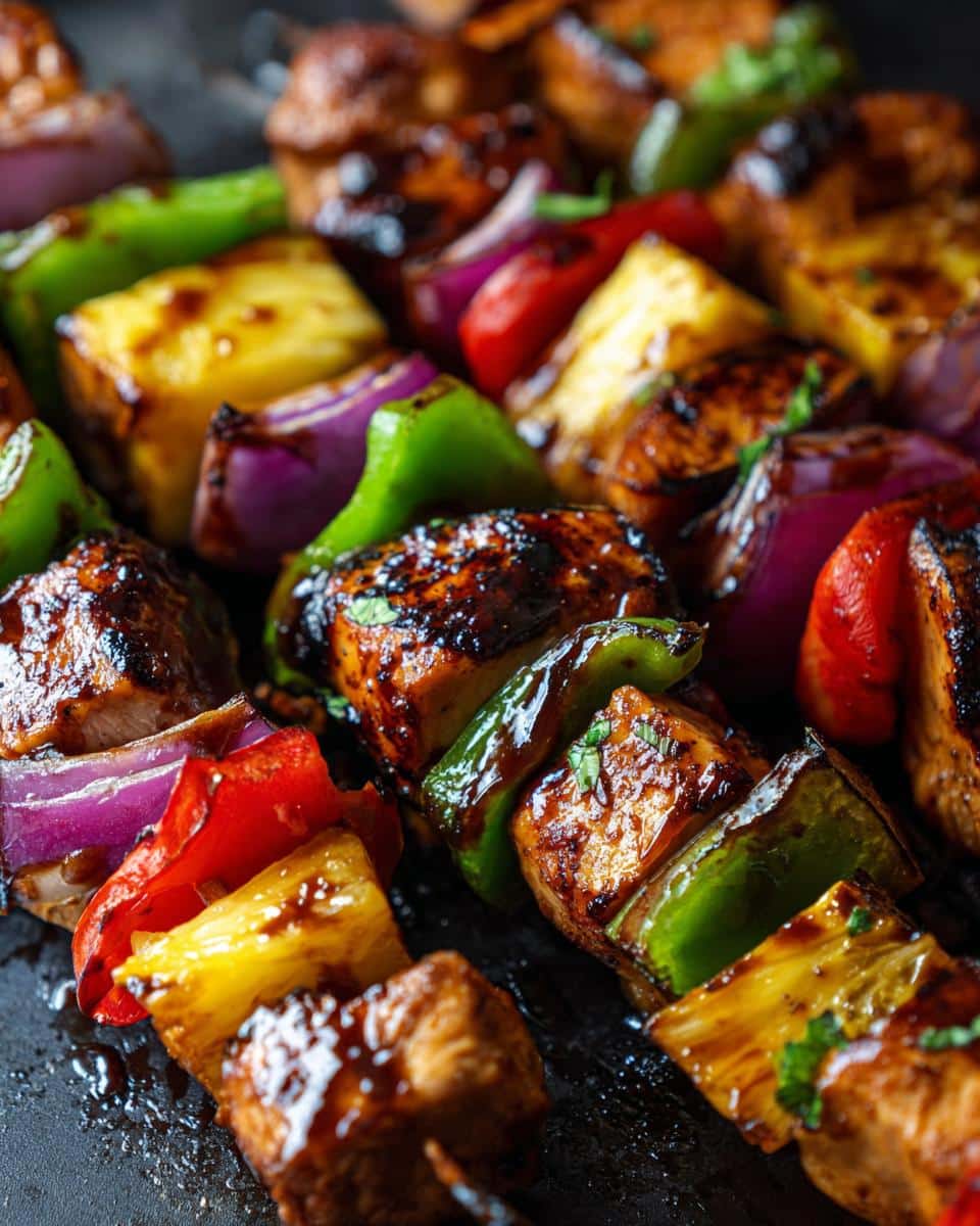 Close-up of Teriyaki Chicken Kebabs with pineapple, peppers, and red onion on skewers.