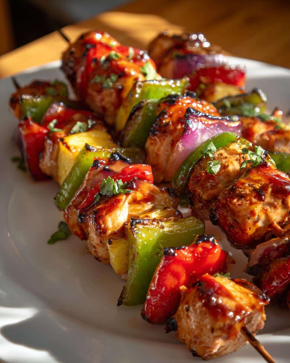 Close-up of Teriyaki Chicken Kebabs with chicken, peppers, pineapple, and red onion on a white plate.