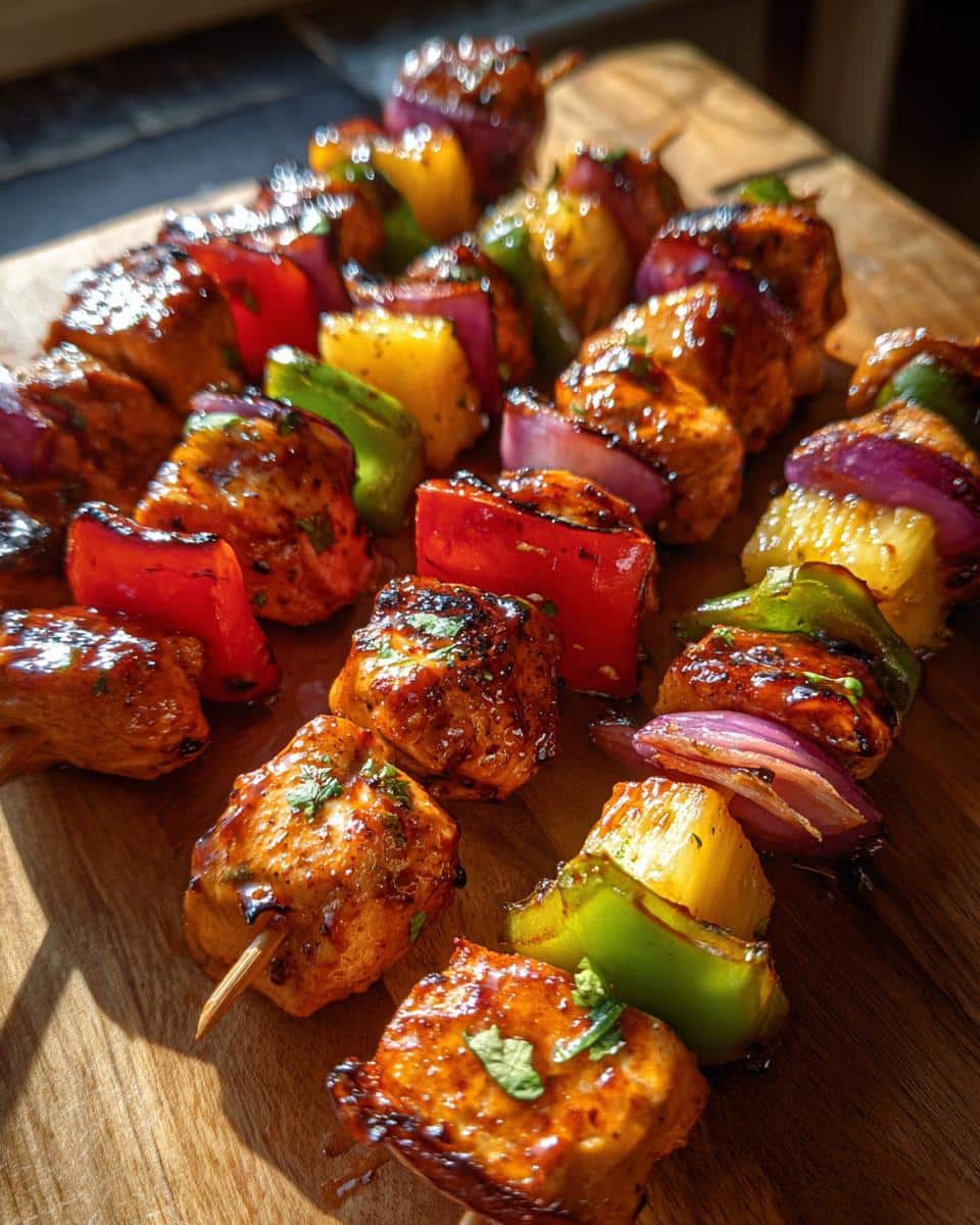 Close-up of Teriyaki Chicken Kebabs with chicken, peppers, onions, and pineapple on a wooden board.