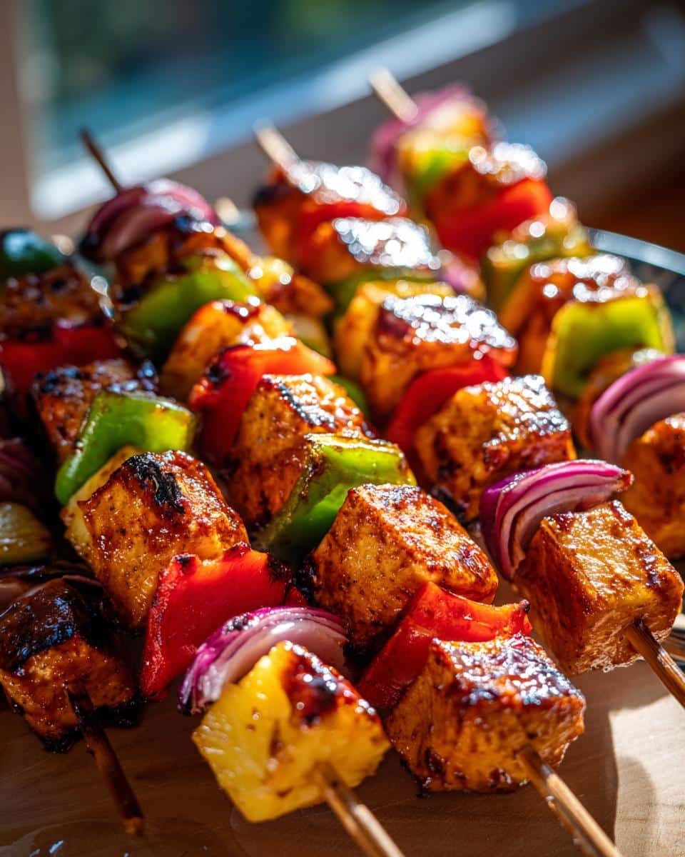 Close-up of Teriyaki Chicken Kebabs with chicken, peppers, onions, and pineapple on skewers.