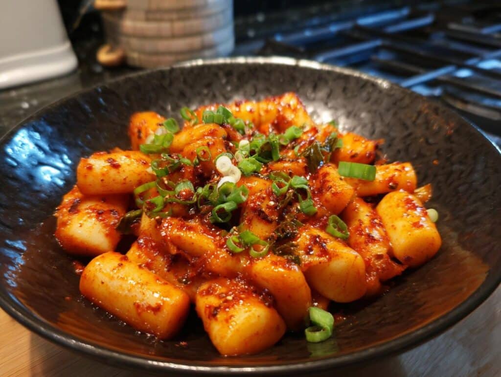 Close-up of Tteokbokki, Korean spicy rice cakes, in a black bowl, garnished with green onions.