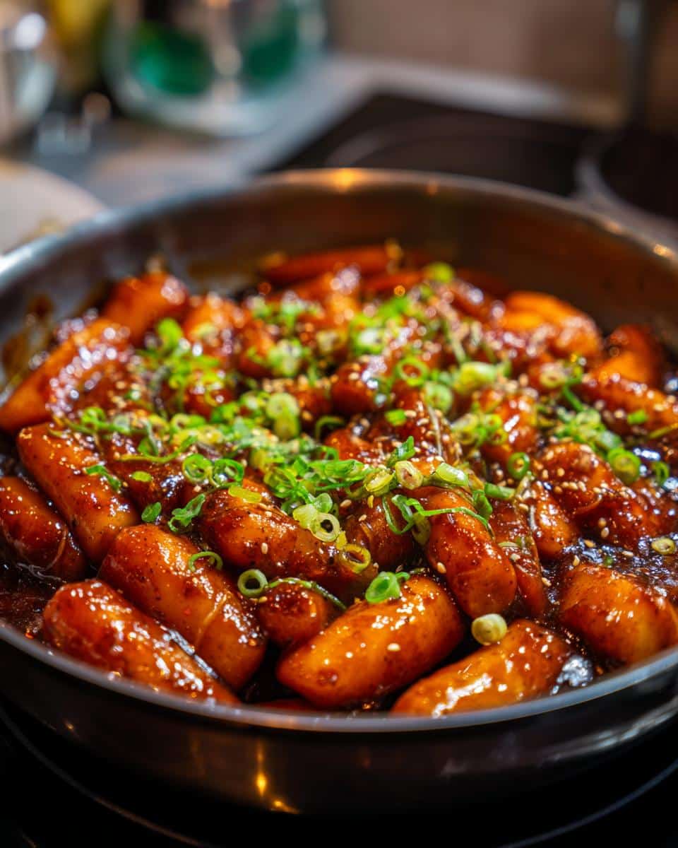Close-up of Tteokbokki in a pan, garnished with green onions and sesame seeds.