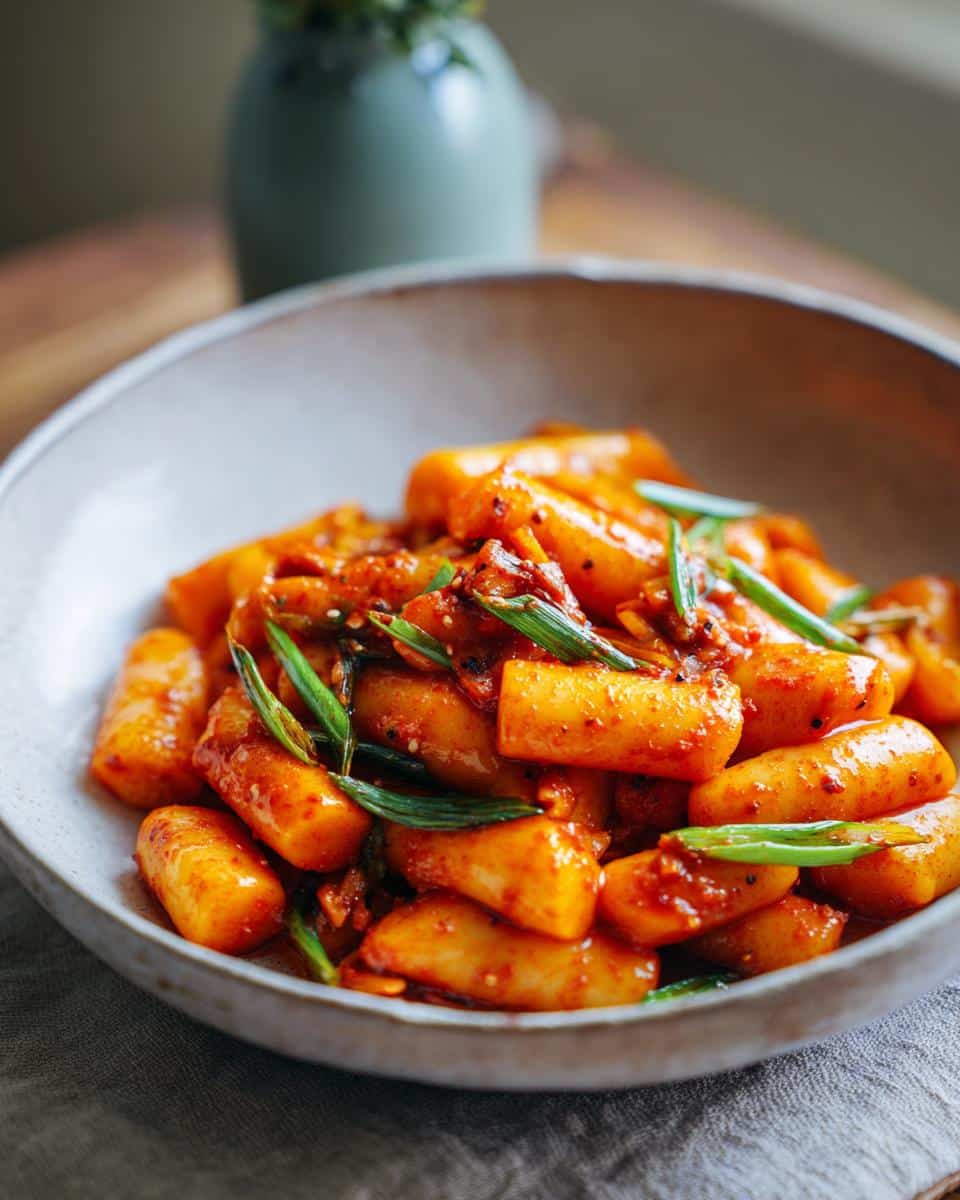 A bowl of vibrant, spicy Tteokbokki, garnished with green onions, ready to eat.