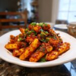 A plate of Tteokbokki, Korean spicy rice cakes, garnished with green onions.